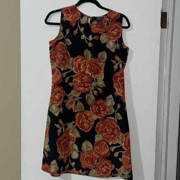 NY & CO New York and Company Black Orange Green Floral Sheath Dress Size 8 - Picture 1 of 6